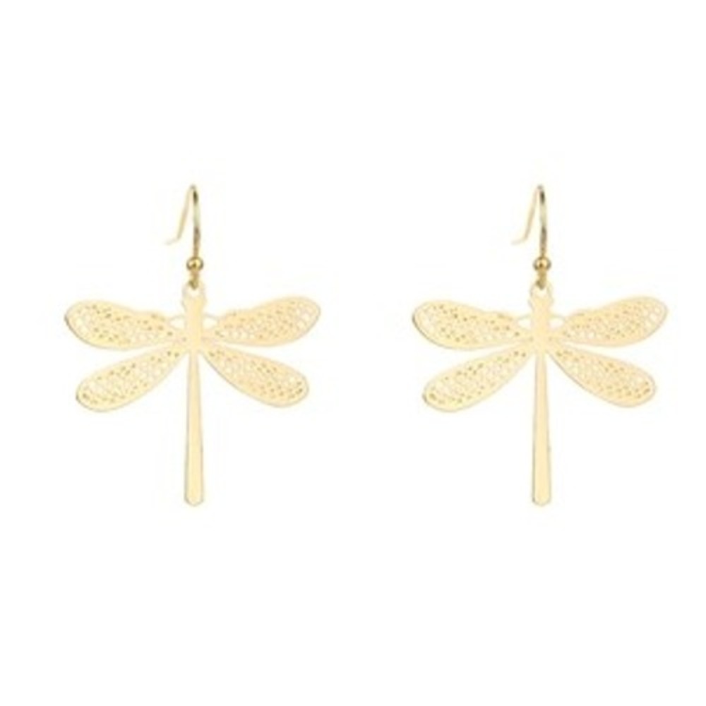 Gold Dragonfly Drop Earrings Filigree Nature Inspired Dangle Fishhook